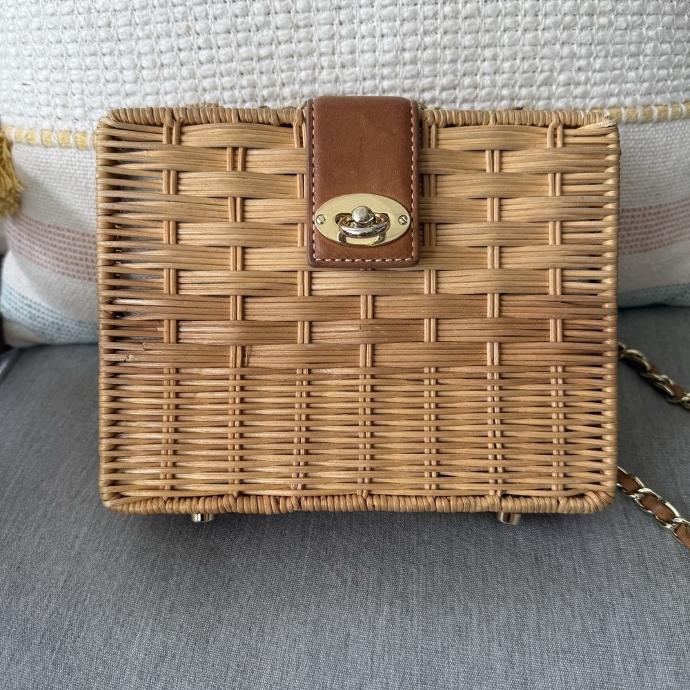 J McLaughlin Wicker Rattan Christina Crossbody Bag Leather Trim Gold Turn Lock